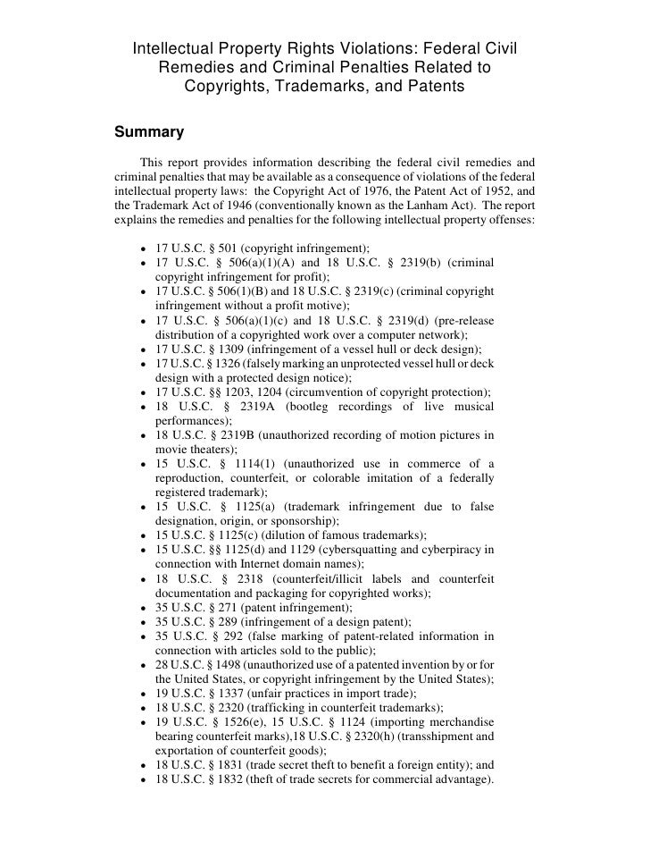 Intellectual Property Rights Violations Federal Civil Remedies and C…