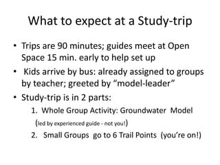 What to expect at a Study-tripTrips are 90 minutes; guides meet at Open Space 15 min. early to help set up Kids arrive by bus: already assigned to groups by teacher; greeted by “model-leader”Study-trip is in 2 parts: 	1.  Whole Group Activity: Groundwater  Model 		(led by experienced guide - not you!)	2.   Small Groups  go to 6 Trail Points  (you’re on!)