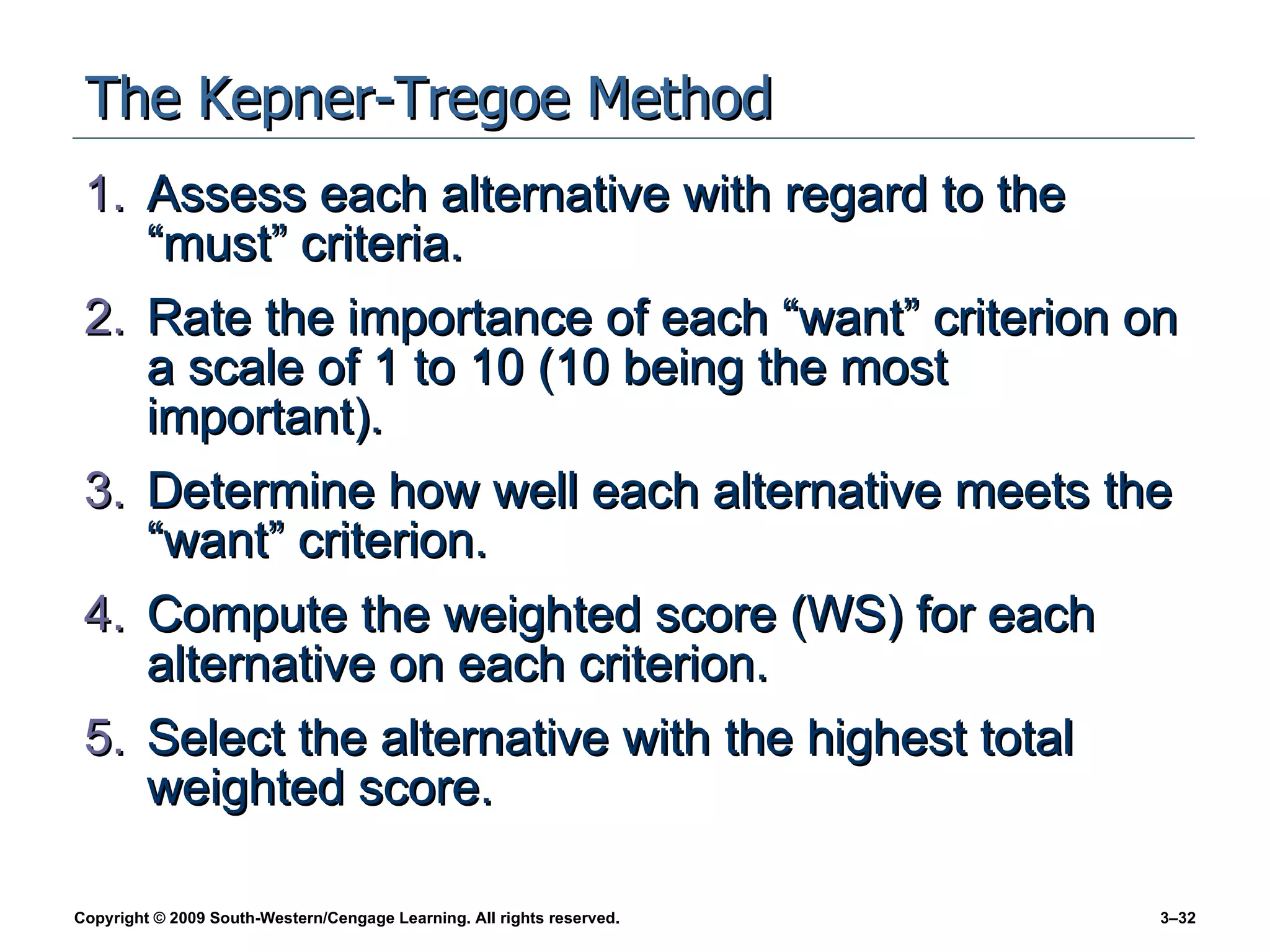 The Kepner-Tregoe Method Assess each alternative with regard to the “must” criteria. Rate the importance of each “want” criterion on a scale of 1 to 10 (10 being the most important). Determine how well each alternative meets the “want” criterion. Compute the weighted score (WS) for each alternative on each criterion. Select the alternative with the highest total weighted score. 