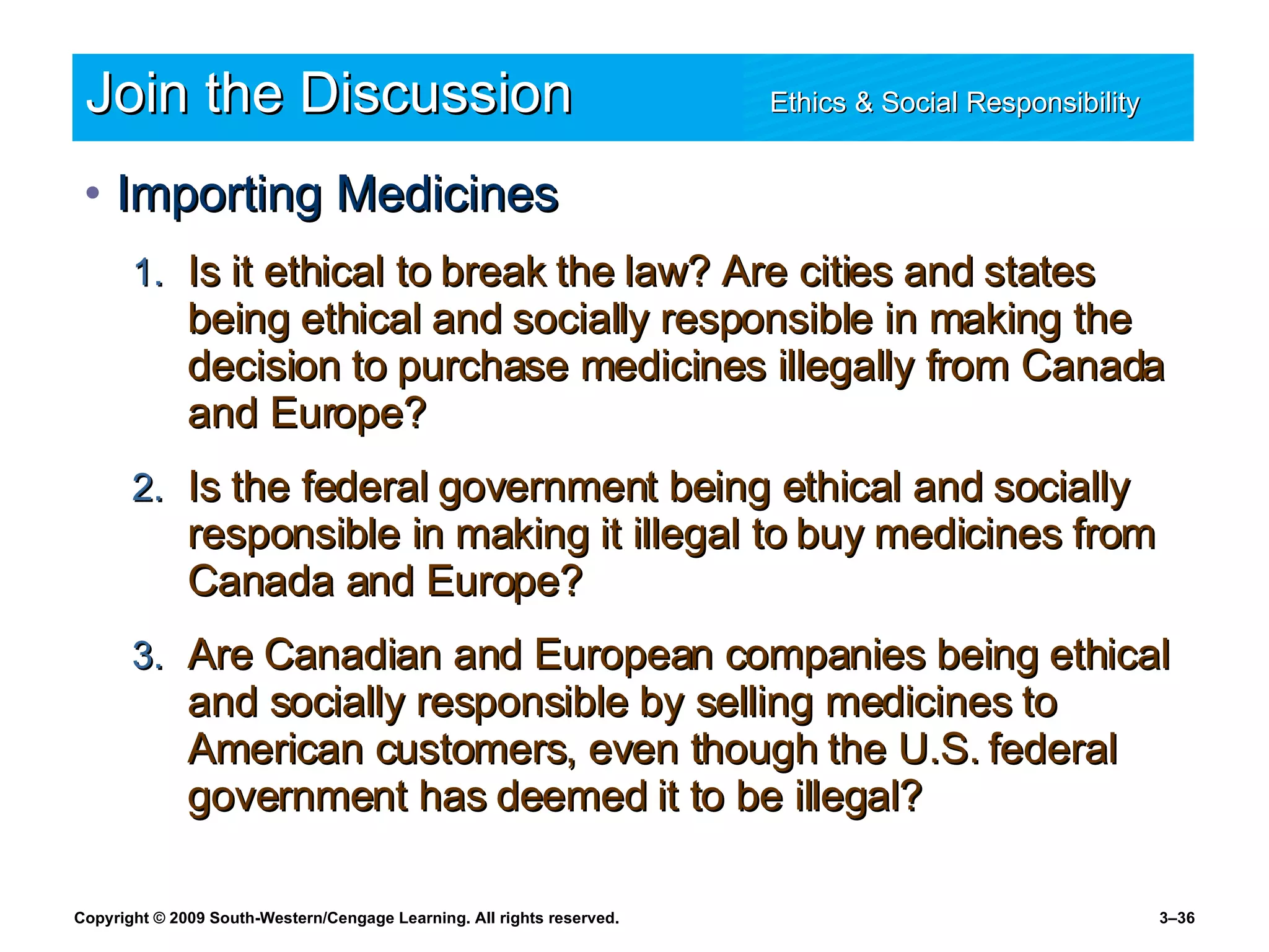 Join the Discussion Ethics & Social Responsibility   Importing Medicines Is it ethical to break the law? Are cities and states being ethical and socially responsible in making the decision to purchase medicines illegally from Canada and Europe? Is the federal government being ethical and socially responsible in making it illegal to buy medicines from Canada and Europe? Are Canadian and European companies being ethical and socially responsible by selling medicines to American customers, even though the U.S. federal government has deemed it to be illegal? 