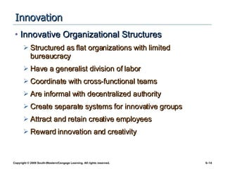 Innovation Innovative Organizational Structures Structured as flat organizations with limited bureaucracy Have a generalist division of labor Coordinate with cross-functional teams Are informal with decentralized authority Create separate systems for innovative groups Attract and retain creative employees Reward innovation and creativity 