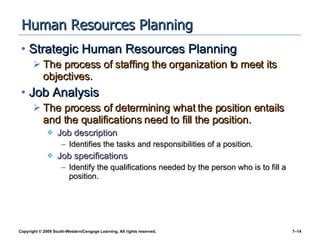Human Resources Planning Strategic Human Resources Planning The process of staffing the organization to meet its objectives. Job Analysis The process of determining what the position entails and the qualifications need to fill the position. Job description Identifies the tasks and responsibilities of a position. Job specifications Identify the qualifications needed by the person who is to fill a position. 