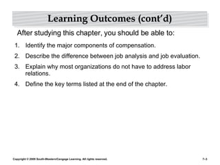 Learning Outcomes (cont’d) Identify the major components of compensation. Describe the difference between job analysis and job evaluation. Explain why most organizations do not have to address labor relations. Define the key terms listed at the end of the chapter. After studying this chapter, you should be able to: 