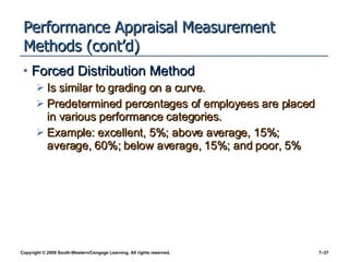 Performance Appraisal Measurement Methods (cont’d) Forced Distribution Method Is similar to grading on a curve. Predetermined percentages of employees are placed in various performance categories. Example: excellent, 5%; above average, 15%; average, 60%; below average, 15%; and poor, 5% 