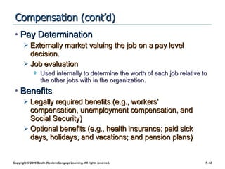 Compensation (cont’d) Pay Determination Externally market valuing the job on a pay level decision. Job evaluation Used internally to determine the worth of each job relative to the other jobs with in the organization. Benefits Legally required benefits (e.g., workers’ compensation, unemployment compensation, and Social Security) Optional benefits (e.g., health insurance; paid sick days, holidays, and vacations; and pension plans) 