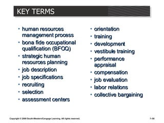 KEY TERMS human resources management process bona fide occupational qualification (BFOQ) strategic human resources planning job description job specifications recruiting selection assessment centers orientation training development vestibule training performance appraisal compensation job evaluation labor relations collective bargaining 