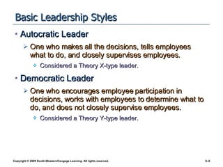 Basic Leadership Styles Autocratic Leader One who makes all the decisions, tells employees what to do, and closely supervises employees. Considered a Theory X-type leader. Democratic Leader One who encourages employee participation in decisions, works with employees to determine what to do, and does not closely supervise employees. Considered a Theory Y-type leader. 