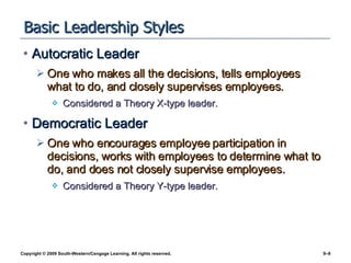 Basic Leadership Styles <ul><li>Autocratic Leader </li></ul><ul><ul><li>One who makes all the decisions, tells employees w...