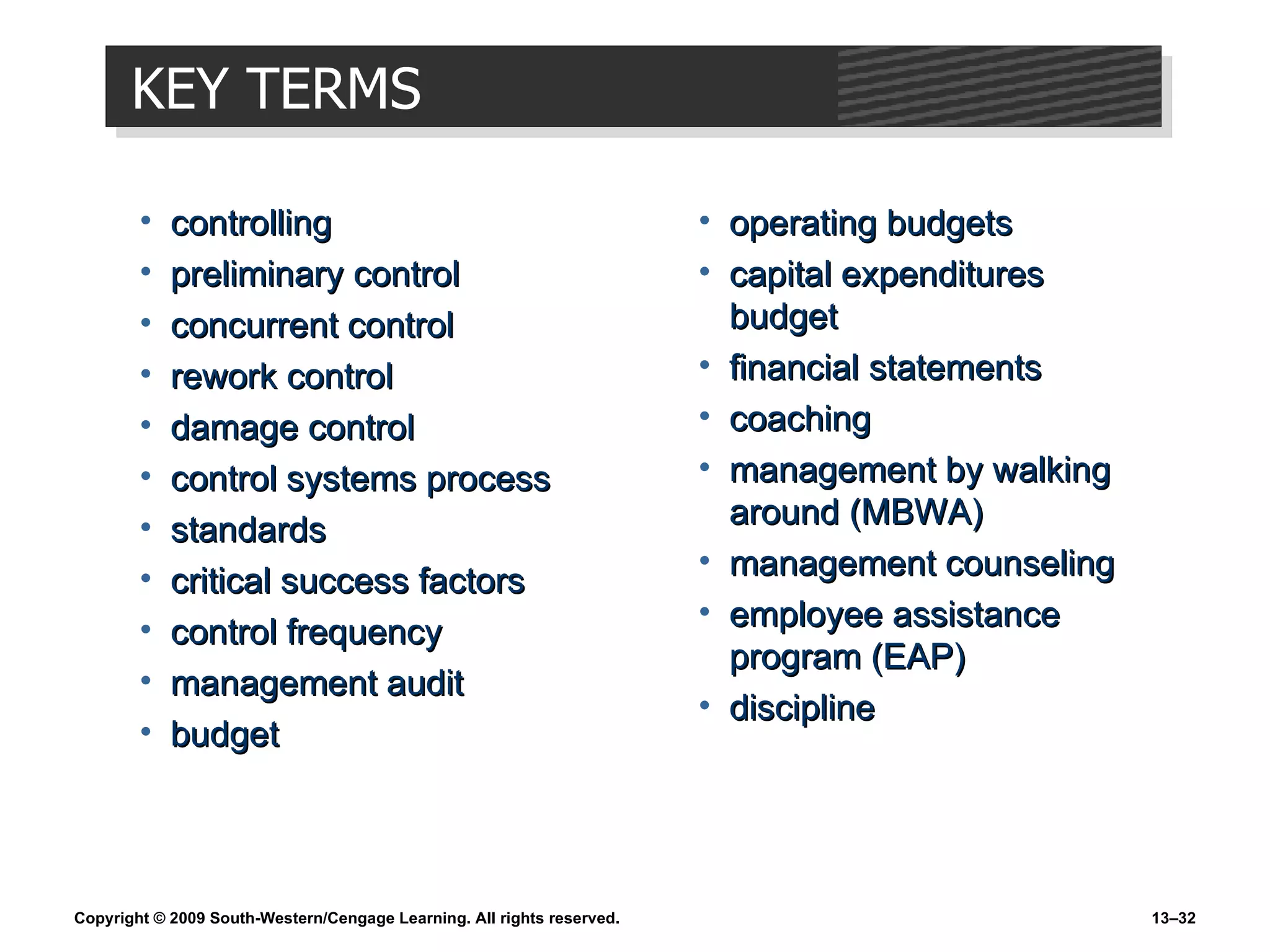 KEY TERMS controlling preliminary control concurrent control rework control damage control control systems process standards critical success factors control frequency management audit budget operating budgets capital expenditures budget financial statements coaching management by walking around (MBWA) management counseling employee assistance program (EAP) discipline 