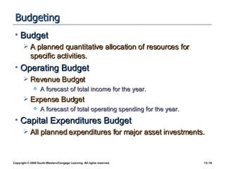 Budgeting Budget A planned quantitative allocation of resources for specific activities. Operating Budget Revenue Budget A forecast of total income for the year. Expense Budget A forecast of total operating spending for the year. Capital Expenditures Budget All planned expenditures for major asset investments. 