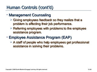 Human Controls (cont’d) Management Counseling Giving employees feedback so they realize that a problem is affecting their job performance. Referring employees with problems to the employee assistance program. Employee Assistance Program (EAP) A staff of people who help employees get professional assistance in solving their problems. 