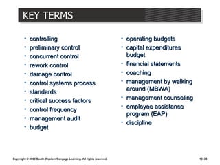 KEY TERMS controlling preliminary control concurrent control rework control damage control control systems process standards critical success factors control frequency management audit budget operating budgets capital expenditures budget financial statements coaching management by walking around (MBWA) management counseling employee assistance program (EAP) discipline 