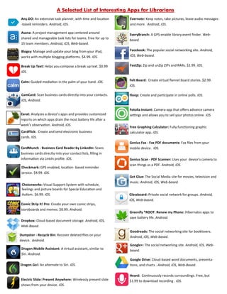 A Selected List of Interesting Apps for Librarians
Any.DO: An extensive task planner, with time and location
-based reminders. Android, iOS.

Evernote: Keep notes, take pictures, leave audio messages
and more. Android, iOS.

Asana: A project management app centered around
shared and manageable task lists for teams. Free for up to
15 team members. Android, iOS, Web-based.

EveryBranch: A GPS-enable library event finder. Webbased.

Blogsy: Manage and update your blog from your iPad,
works with multiple blogging platforms. $4.99. iOS.

Facebook: The popular social networking site. Android,
iOS, Web-based.

Break Up Text: Helps you compose a break up text. $0.99
iOS.

FastZip: Zip and unZip ZIPs and RARs. $1.99. iOS.

Calm: Guided mediation in the palm of your hand. iOS.

Felt Board: Create virtual flannel board stories. $2.99.
iOS.

CamCard: Scan business cards directly into your contacts.
iOS, Android.

Floop: Create and participate in online polls. iOS.

Carat: Analyzes a device’s apps and provides customized
reports on which apps drain the most battery life after a
week’s observation. Android, iOS.
CardFlick: Create and send electronic business
cards. iOS.
CardMunch - Business Card Reader by LinkedIn: Scans
business cards directly into your contact lists, filling in
information via LinkIn profile. iOS.
Checkmark: GPS enabled, location- based reminder
service. $4.99. iOS.
Choiceworks: Visual Support System with schedule,
feelings and picture boards for Special Education and
Autism. $6.99. iOS.
Comic Strip It! Pro: Create your own comic strips,
storyboards and memes. $0.99. Android.
Dropbox: Cloud-based document storage. Android, iOS,
Web-Based.
Dumpster - Recycle Bin: Recover deleted files on your
device. Android.
Dragon Mobile Assistant: A virtual assistant, similar to
Siri. Android.
Dragon Go!: An alternate to Siri. iOS.

Electric Slide: Present Anywhere: Wirelessly present slide
shows from your device. iOS.

Fotolia Instant: Camera-app that offers advance camera
settings and allows you to sell your photos online. iOS.
Free Graphing Calculator: Fully functioning graphic
calculator app. iOS.
Genius Fax - Fax PDF documents: Fax files from your
mobile device. iOS.
Genius Scan - PDF Scanner: Uses your device’s camera to
scan things as a PDF. Android, iOS.
Get Glue: The Social Media site for movies, television and
music. Android, iOS, Web-based.
Glassboard: Private social network for groups. Android,
iOS, Web-based.
Greenify *ROOT: Renew my Phone: Hibernates apps to
save battery life. Android.

Goodreads: The social networking site for booklovers.
Android, iOS, Web-based.
Google+: The social networking site. Android, iOS, Webbased.
Google Drive: Cloud-based word documents, presentations, and charts . Android, iOS, Web-Based.
Heard: Continuously records surroundings. Free, but
$1.99 to download recording . iOS.

 
