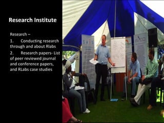 Research Institute

Research –
1.    Conducting research
through and about Rlabs
2.    Research papers- List
of peer reviewed journal
and conference papers,
and RLabs case studies
 
