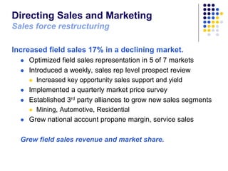Directing Sales and Marketing
Sales force restructuring
Increased field sales 17% in a declining market.









Opt...