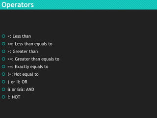 Operators

 <: Less than
 <=: Less than equals to
 >: Greater than
 >=: Greater than equals to
 ==: Exactly equals to
 !=: Not equal to

 | or II: OR
 & or &&: AND
 !: NOT

 