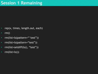 Session 1 Remaining

• rep(x, times, length.out, each)
• rm()
• rm(list=ls(pattern=“^test”))
• rm(list=ls(pattern=“test”))
• rm(list=setdiff(ls(), “test”))
• rm(list=ls())

 