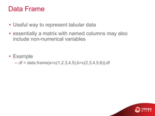 Data Frame
• Useful way to represent tabular data
• essentially a matrix with named columns may also
include non-numerical variables
• Example
– df = data.frame(a=c(1,2,3,4,5),b=c(2,3,4,5,6));df
 