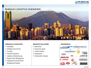 SERVICES & CAPACITIES Seafreight Airfreight, Sea and Air Trucking Customs clearance Logistics & Warehousing Supply Chain Management Integrated Purchase Order Management System REFERENCES   INDUSTRY SOLUTIONS Electronics Consumer goods Textile Industry Engineering Construction Industry RHENUS LOGISTICS SHENZHEN 