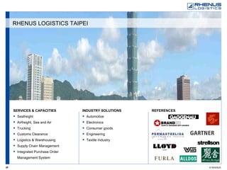 SERVICES & CAPACITIES Seafreight Airfreight, Sea and Air Trucking Customs Clearance Logistics & Warehousing Supply Chain Management Integrated Purchase Order Management System REFERENCES   INDUSTRY SOLUTIONS Automotive Electronics Consumer goods Engineering Textile Industry RHENUS LOGISTICS TAIPEI 