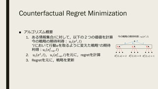 Counterfactual Regret Minimization
■ アルゴリズム概要
1. ある情報集合𝐼に対して，以下の２つの価値を計算
今の戦略の期待利得︓ 𝑢. 𝜎%, 𝐼
”𝐼において⾏動𝑎を取るように変えた戦略”の期待
利得︓𝑢. 𝜎P→R
%
, 𝐼
2. 𝑢. 𝜎%, 𝐼 ， 𝑢. 𝜎P→R
%
, 𝐼 を元に，regretを計算
3. Regretを元に，戦略を更新
A
B B B
今の戦略の期待利得 : 𝑢. 𝜎%
, 𝐼
𝑎 𝑏 𝑐
𝑅.
(
𝐼, 𝑎 = 2 𝑅.
(
𝐼, 𝑏 = 0 𝑅.
(
𝐼, 𝑐 = 1
 
