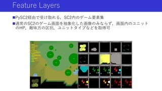 Feature Layers
PySC2経由で受け取れる，SC2内のゲーム要素集
通常のSC2のゲーム画面を抽象化した画像のみならず，画面内のユニット
のHP，敵味方の区別，ユニットタイプなどを取得可
 