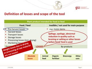 Page 421/01/2016
Definition of losses and scope of the tool
Plant product intended for food or feed
Food / feed Inedible / not used for main purpose
 Pre-harvest losses
 Harvest losses
 Transport losses
 Storage losses
 Processing losses (incl. drying)
 Marketing losses
 e.g. maize stems
Food/ feed for consumption By-products
Absolute
losses
Animal Organic Bioenergy Other
feed fertilizer uses
Spillage, spoilage, abnormal
reduction in quality such as
bruising or wilting or other losses
before food/ feed is used
LOSSES
 