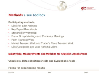 Page 6
Methods > see Toolbox
XXX21/01/2016
Participatory methods
• Loss Hot Spot Analysis
• Key Expert Roundtable
• Stakeholder Workshop
• Focus Group Meetings and Processor Meetings
• Farm Transect Walk
• Market Transect Walk and Trader’s Place Transect Walk
• Loss Categories and Loss Ranking Matrix
Biophysical Measurements and Methods for Aflatoxin Assessment
Checklists, Data collection sheets and Evaluation sheets
Forms for documenting results
 