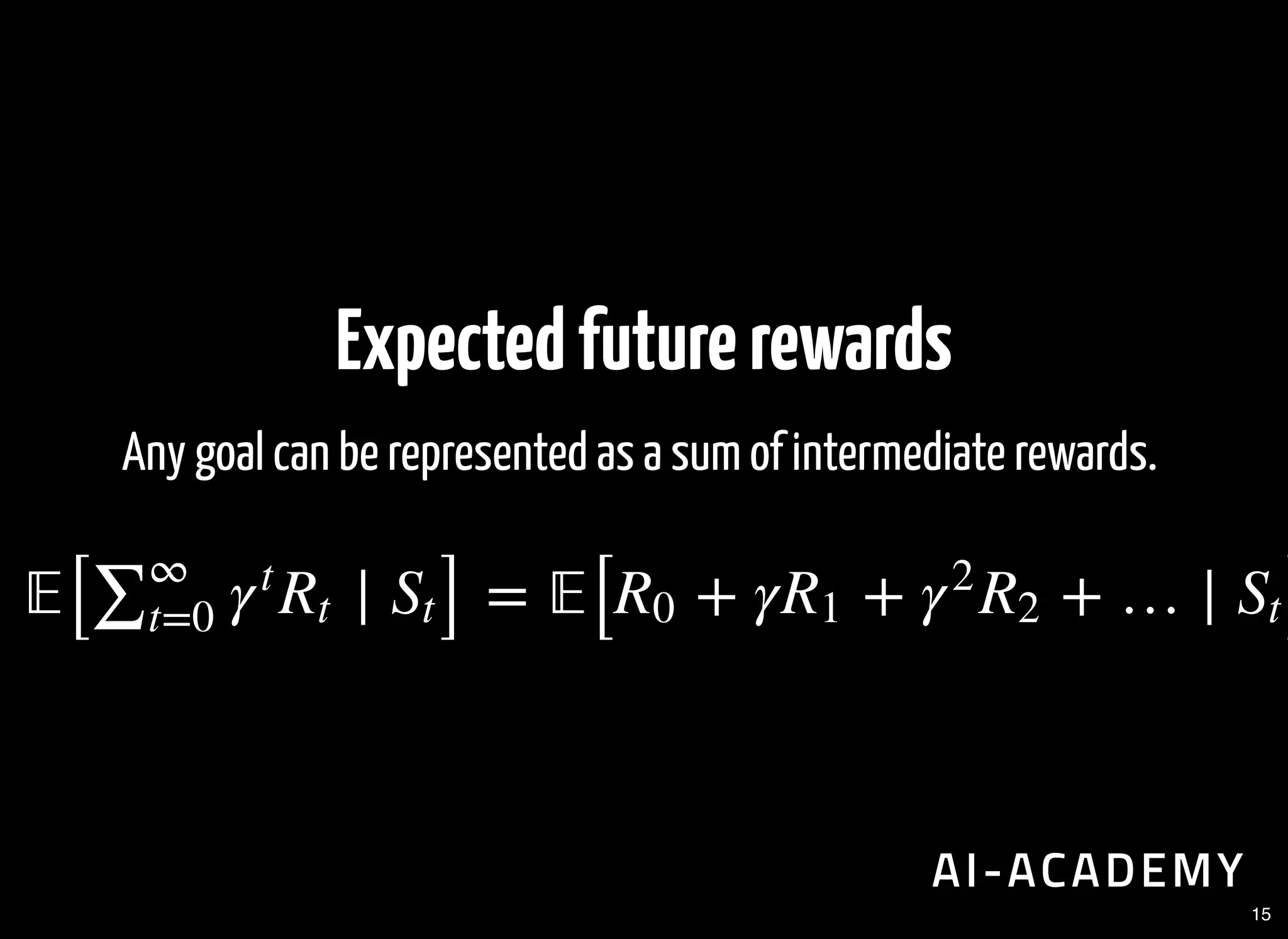 Expectedfuturerewards
Any goal can be represented as a sum of intermediate rewards.
[ ∣ ] = [ + γ + + … ∣ ]∑
∞
t=0
γ
t
Rt St R0 R1 γ
2
R2 St
15
 