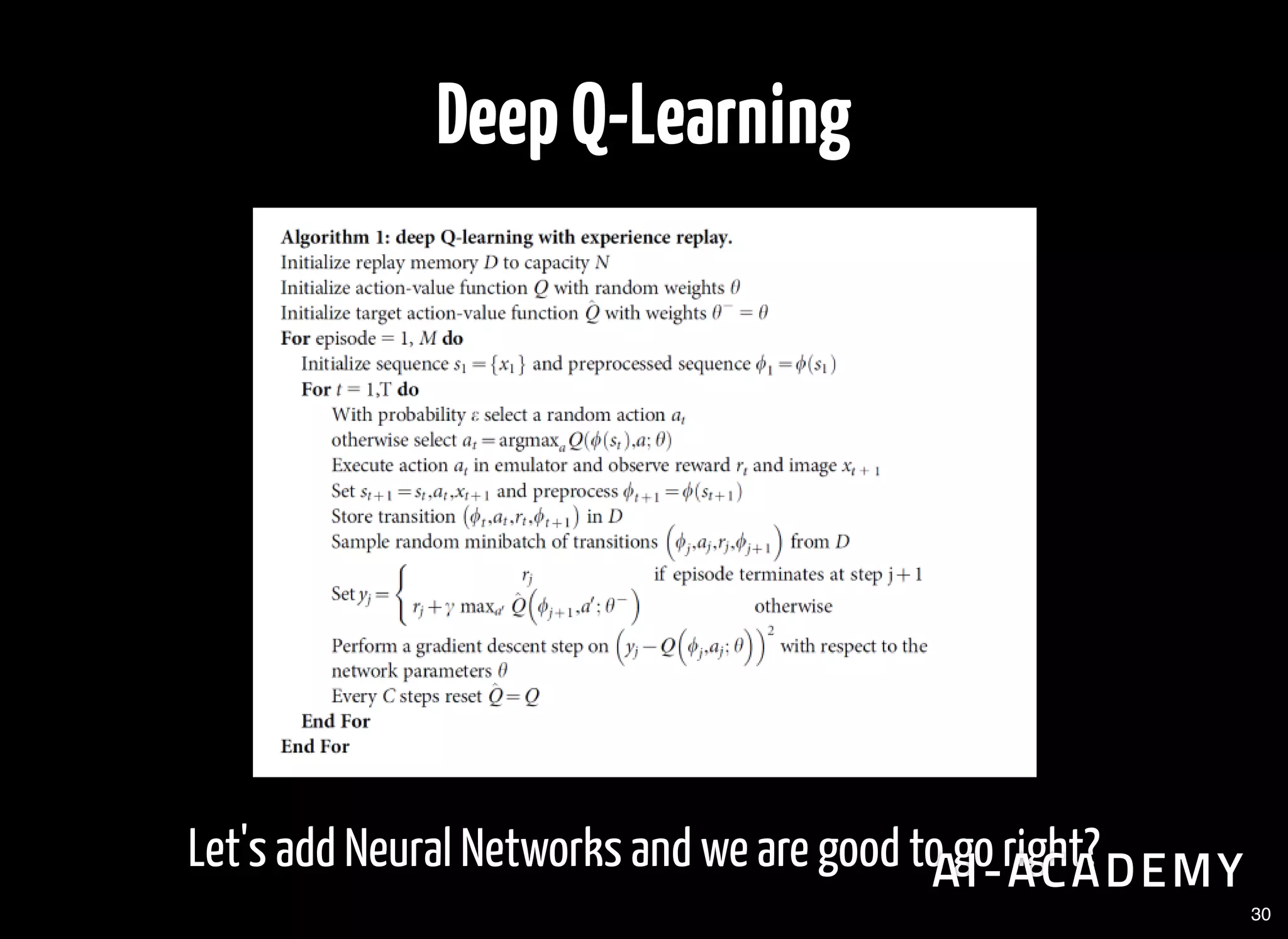 DeepQ-Learning
Let's add Neural Networks and we are good to go right?
30
 