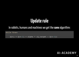 Updaterule
In rabbits, humans and machines we get the same algorithm:
while True:
Q[t] = Q[t-1] + alpha * (Q_target - Q[t-1])
27
 