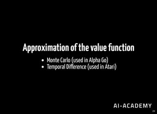 Approximationofthevaluefunction
Monte Carlo (used in Alpha Go)
Temporal Di erence (used in Atari)
24
 
