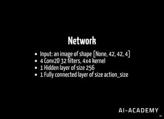 Network
Input: an image of shape [None, 42, 42, 4]
4 Conv2D 32 lters, 4x4 kernel
1 Hidden layer of size 256
1 Fully connec...