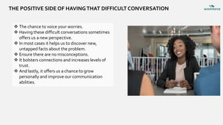THE POSITIVE SIDE OF HAVINGTHAT DIFFICULT CONVERSATION
 The chance to voice your worries.
 Having these difficult conversations sometimes
offers us a new perspective.
 In most cases it helps us to discover new,
untapped facts about the problem.
 Ensure there are no misconceptions.
 It bolsters connections and increases levels of
trust.
 And lastly, it offers us a chance to grow
personally and improve our communication
abilities.
 