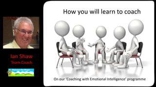 How you will learn to coach
Ian Shaw
Team Coach
On our ‘Coaching with Emotional Intelligence’ programme
 