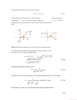 Using the phasor representation, Eq. (12.3.2) can be written as
V =V +V +V (12.3.5)0 R0 L0 C0
as shown in Figure 12.3.3(a). Again we see that current phasor
voltage phasorV by π / 2 but lags the inductive voltage phasor
I leads the capacitive0
V by π / 2 . The threeC0 L0
voltage phasors rotate counterclockwise as time increases, with their relative positions
fixed.
Figure 12.3.3 (a) Phasor diagram for the series RLC circuit. (b) voltage relationship
The relationship between different voltage amplitudes is depicted in Figure 12.3.3(b).
From Figure 12.3.3, we see that the amplitude satisfies
V0 =|V0 |=|VR0 +VL0 +
2
VC 0 |=V + (VL0 − VC0 )2
= (I0XR)2 +(I0XL −I0XC)2 (12.3.6)
=I0 XR2 +(XL − XC )2 .
Therefore the amplitude of the current is
V0
I0 = (12.3.7)
2
XR2 +(XL − XC)
Using Eqs. (12.2.5), (12.2.20), and (12.2.27) for the reactances, Eq. (12.3.7) becomes
I0 =
V0
R2 +(ωL−
1
ωC
, series RLC circuit . (12.3.8)
)2
From Figure 12.3.3(b), we can determine that the phase constant satisfies
12-12
 