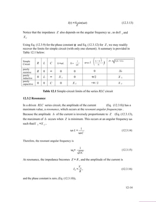 I(t) =V0 sin(ωt) (12.3.13)
Z
Notice that the impedance Z also depends on the angular frequency ω , as doX
X
L and
C
Using Eq. (12.3.9) for the phase constant φ and Eq. (12.3.12) for Z , we may readily
recover the limits for simple circuit (with only one element). A summary is provided in
Table 12.1 below:
Simple
Circuit R L C XL=ωL XC=
1
ωC
⎛
φ=tan−1⎜
⎝
XL − XC⎞ Z= XR2 +(XL −XC)2
⎟
XR ⎠
purely
resistive R 0 ∞ 0 0 0 XR
purely
inductive 0 L ∞ X L 0 π/2 X L
purely
capacitive 0 0 C 0 X C −π / 2 X C
Table 12.1 Simple-circuit limits of the series RLC circuit
12.3.2 Resonance
In a driven RLC series circuit, the amplitude of the current (Eq. (12.3.8)) has a
maximum value, a resonance, which occurs at the resonant angular frequencyω0 .
Because the amplitude I0 of the current is inversely proportionate to Z (Eq. (12.3.13),
the maximum of I0 occurs when Z is minimum. This occurs at an angular frequency ω0
such thatX L =X ,C
ω0 L =
1
ω0C
(12.3.14)
Therefore, the resonant angular frequency is
ω =
1
(12.3.15)0
LC
At resonance, the impedance becomes Z = R , and the amplitude of the current is
V
I0
0
= , (12.3.16)
R
and the phase constant is zero, (Eq. (12.3.10)),
12-14
 