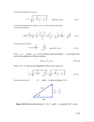 Therefore the amplitude of the current is
I0 = V0
1
XR2
⎛
+⎜
⎝
1
XC
−
1
XL
⎞2
⎟ , parallel RLC circuit . (12.6.8)
⎠
From the phasor diagram shown in Figure 12.6.2, we see that the tangent of the phase
constant can be obtained as
V V0
⎛I −I ⎞ X
− 0
X ⎛ 1 1 ⎞ ⎛ 1 ⎞
tanφ=⎜
⎝
C0 L0
IR0
⎟=
⎠
C L
V 0
R
=R⎜ −
⎝XC
XL
⎟=
⎠
R⎜ωC−
⎝
⎟.
ωL⎠
(12.6.9)
Therefore the phase constant is
⎛
φ = tan−1⎜RωC −
⎝
R⎞
⎟, parallel RLC circuit . (12.6.10)
ωL⎠
Because I t) ,R I t)andL I t)C are not in phase with one another,I 0 is not equal to the
sum of the amplitudes of the three currents,
I ≠I +I +I (12.6.11)0 R0 L0 C0
With I0 =V0 / Z , the (inverse) impedance of the circuit is given by
2
1
Z
=
1
R2
⎛
+ ωC−⎜
⎝
1 ⎞
⎟ =
ωL⎠
1
XR2
⎛
+⎜
⎝
1
XC
−
1
XL
⎞2
⎟ (12.6.12)
⎠
The relationship between Z , XR ,X L andX C is shown in Figure 12.6.3.
Figure 12.6.3 Relationship between Z , XR ,X L andX C in a parallel RLC circuit.
12-22
 