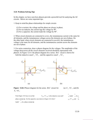 12.8 Problem-Solving Tips
In this chapter, we have seen how phasors provide a powerful tool for analyzing the AC
circuits. Below are some important tips:
1. Keep in mind the phase relationships for simple circuits
(1) For a resistor, the voltage and the phase are always in phase.
(2) For an inductor, the current lags the voltage by 90° .
(3) For a capacitor, the current leads the voltage by 90° .
2. When circuit elements are connected in series, the instantaneous current is the same for
all elements, and the instantaneous voltages across the elements are out of phase. On
the other hand, when circuit elements are connected in parallel, the instantaneous
voltage is the same for all elements, and the instantaneous currents across the elements
are out of phase.
3. For series connection, draw a phasor diagram for the voltages. The amplitudes of the
voltage drop across all the circuit elements involved should be represented with
phasors. In Figure 12.8.1 the phasor diagram for a series RLC circuit is shown for
both the inductive caseX
(a)
L >X C and the capacitive caseX L <X
(b)
C
Figure 12.8.1 Phasor diagram for the series RLC circuit for (a) X
X <X
L >X C and (b)
L C
From Figure 12.8.1(a), we see that V >V in the inductive case andV leadsI by aL0 C0 0 0
phase constant φ . For the capacitive case shown in Figure 12.8.1(b),V >V and I
leadsV by a phase constant φ .
C0 L0 0
0
12-26
 