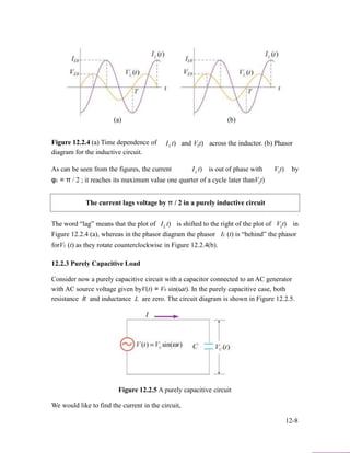 (a)
Figure 12.2.4 (a) Time dependence of
diagram for the inductive circuit.
I t)L and V t)L
(b)
across the inductor. (b) Phasor
As can be seen from the figures, the current I t)L is out of phase with V t)L by
φL = π / 2 ; it reaches its maximum value one quarter of a cycle later thanV t)L
The current lags voltage by π / 2 in a purely inductive circuit
The word “lag” means that the plot of I t)L is shifted to the right of the plot of V t)L in
Figure 12.2.4 (a), whereas in the phasor diagram the phasor IL (t) is “behind” the phasor
forVL (t) as they rotate counterclockwise in Figure 12.2.4(b).
12.2.3 Purely Capacitive Load
Consider now a purely capacitive circuit with a capacitor connected to an AC generator
with AC source voltage given byV(t) = V0 sin(ωt). In the purely capacitive case, both
resistance R and inductance L are zero. The circuit diagram is shown in Figure 12.2.5.
Figure 12.2.5 A purely capacitive circuit
We would like to find the current in the circuit,
12-8
 
