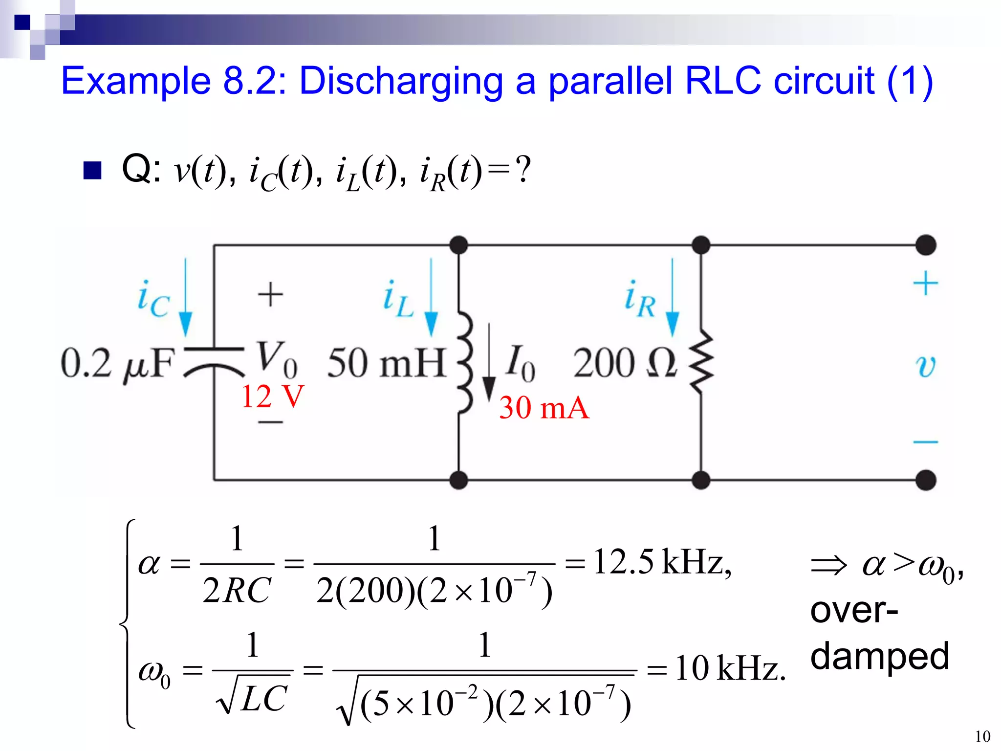 10
Example 8.2: Discharging a parallel RLC circuit (1)
12 V 30 mA
 Q: v(t), iC(t), iL(t), iR(t)=?



















kHz.
10
)
10
2
)(
10
5
(
1
1
,
kHz
5
.
12
)
10
2
)(
200
(
2
1
2
1
7
2
0
7
LC
RC

  >0,
over-
damped
 