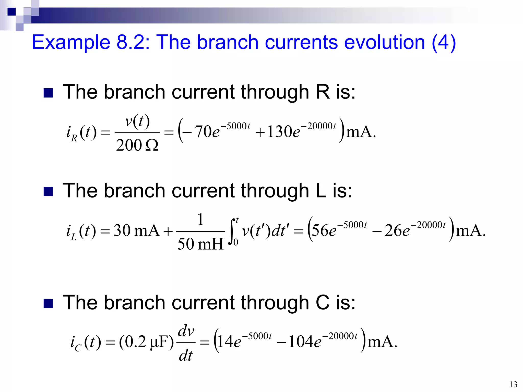 13
Example 8.2: The branch currents evolution (4)
 The branch current through R is:
 mA.
130
70
200
)
(
)
( 20000
5000 t
t
R e
e
t
v
t
i 






 The branch current through L is:
 mA.
26
56
)
(
mH
0
5
1
mA
30
)
( 20000
5000
0
t
t
t
L e
e
t
d
t
v
t
i 






 
 The branch current through C is:
 mA.
104
14
μF)
2
.
0
(
)
( 20000
5000 t
t
C e
e
dt
dv
t
i 




 