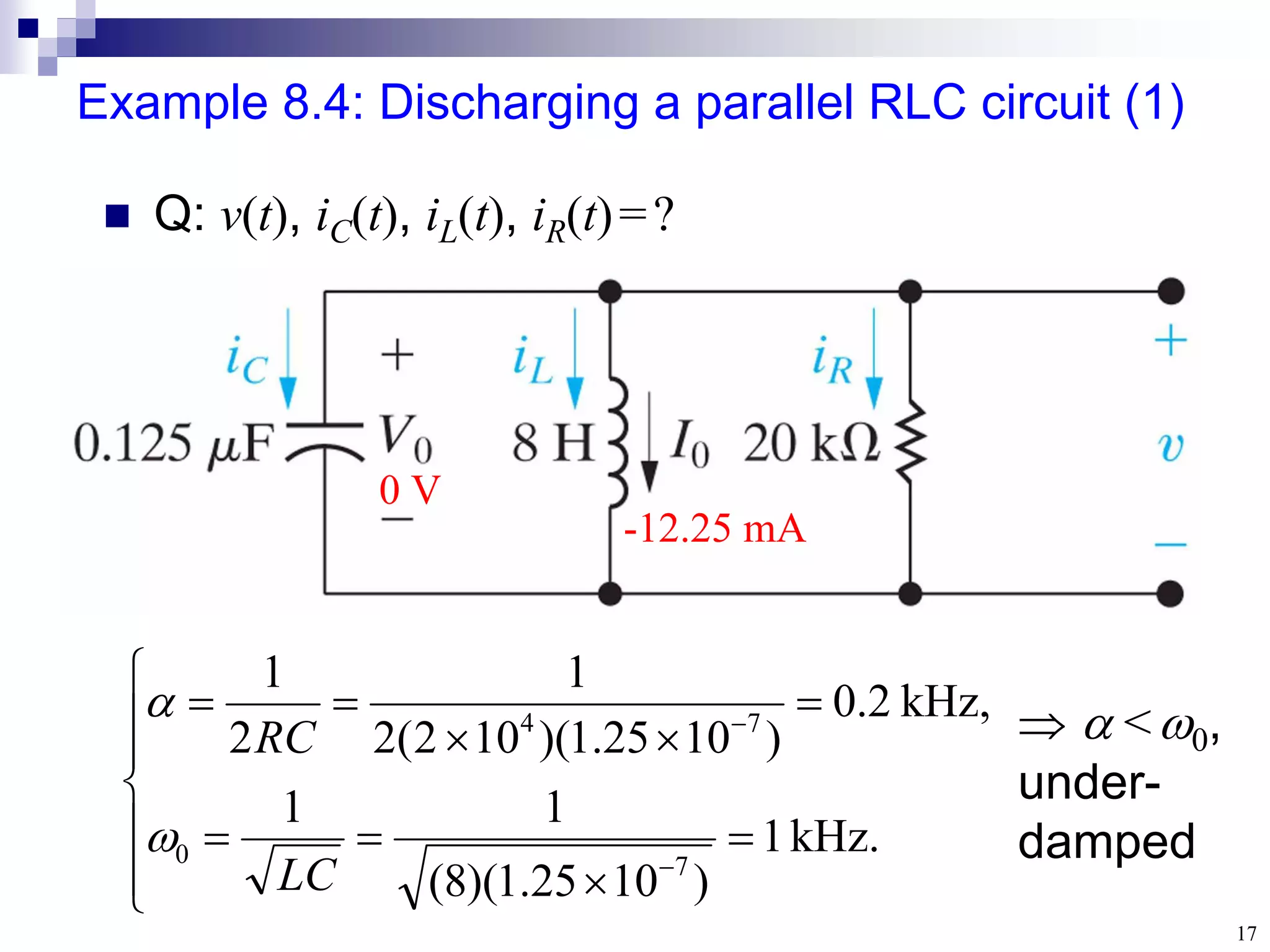 17
Example 8.4: Discharging a parallel RLC circuit (1)
0 V
-12.25 mA
 Q: v(t), iC(t), iL(t), iR(t)=?


















kHz.
1
)
10
25
.
1
)(
8
(
1
1
,
kHz
2
.
0
)
10
25
.
1
)(
10
2
(
2
1
2
1
7
0
7
4
LC
RC

  <0,
under-
damped
 
