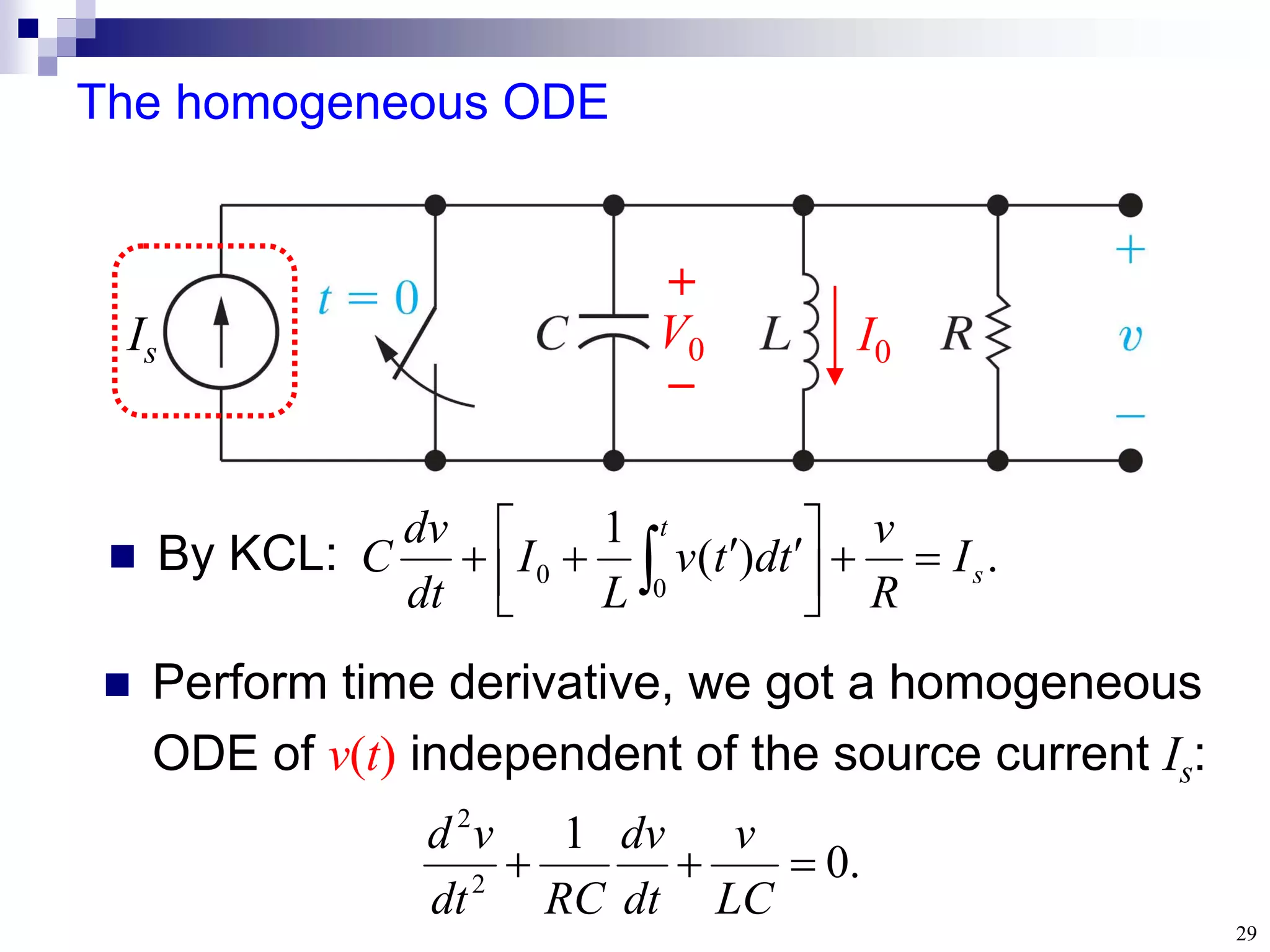29
The homogeneous ODE
.
)
(
1
0
0 s
t
I
R
v
t
d
t
v
L
I
dt
dv
C 






 


 
 By KCL:
.
0
1
2
2



LC
v
dt
dv
RC
dt
v
d
 Perform time derivative, we got a homogeneous
ODE of v(t) independent of the source current Is:
V0 I0
Is
+

 