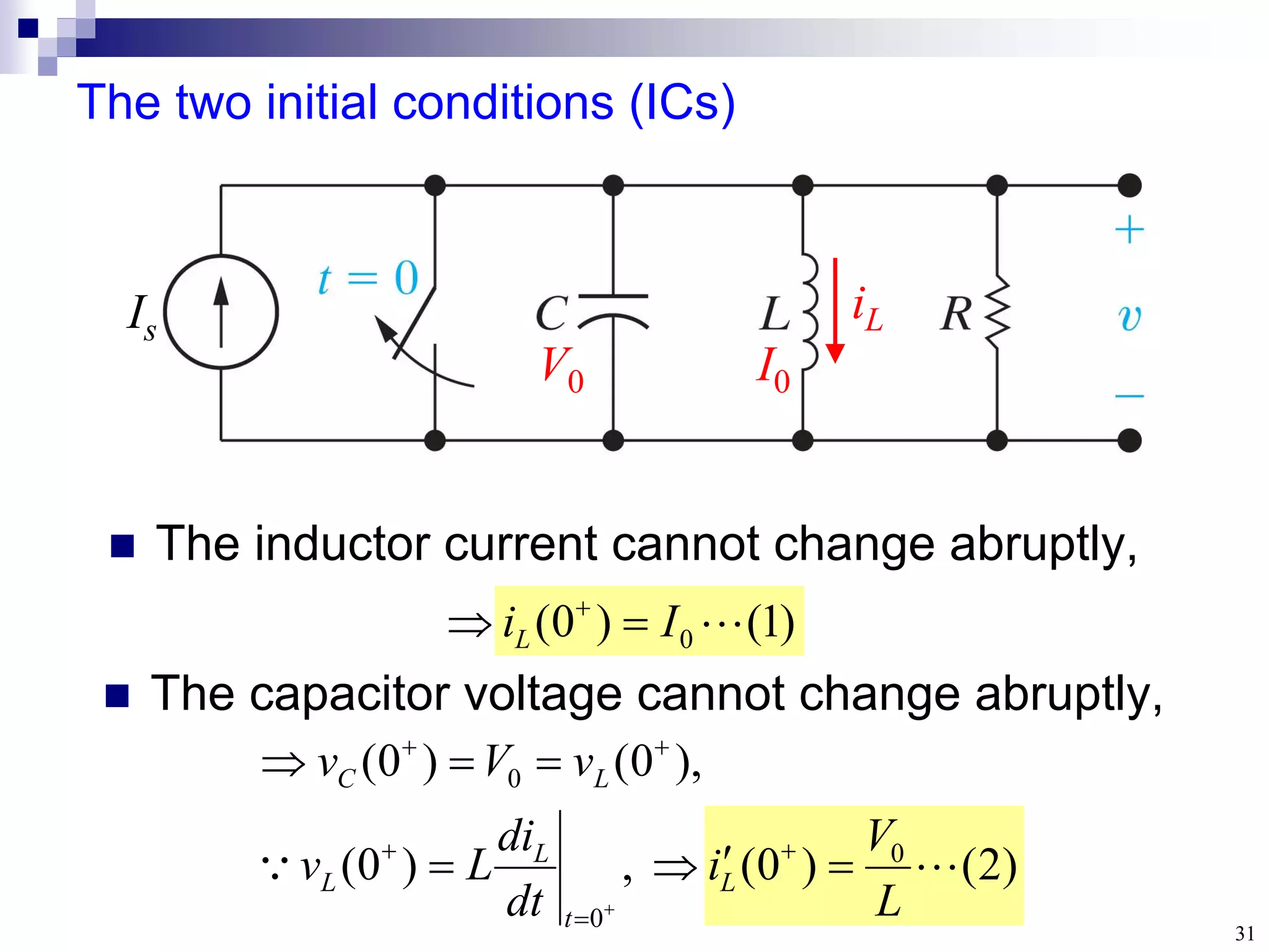 31
The two initial conditions (ICs)
 The inductor current cannot change abruptly,
)
2
(
)
0
(
,
)
0
(
),
0
(
)
0
(
0
0
0


L
V
i
dt
di
L
v
v
V
v
L
t
L
L
L
C













)
1
(
)
0
( 0 
I
iL 
 
 The capacitor voltage cannot change abruptly,
Is
iL
V0 I0
 