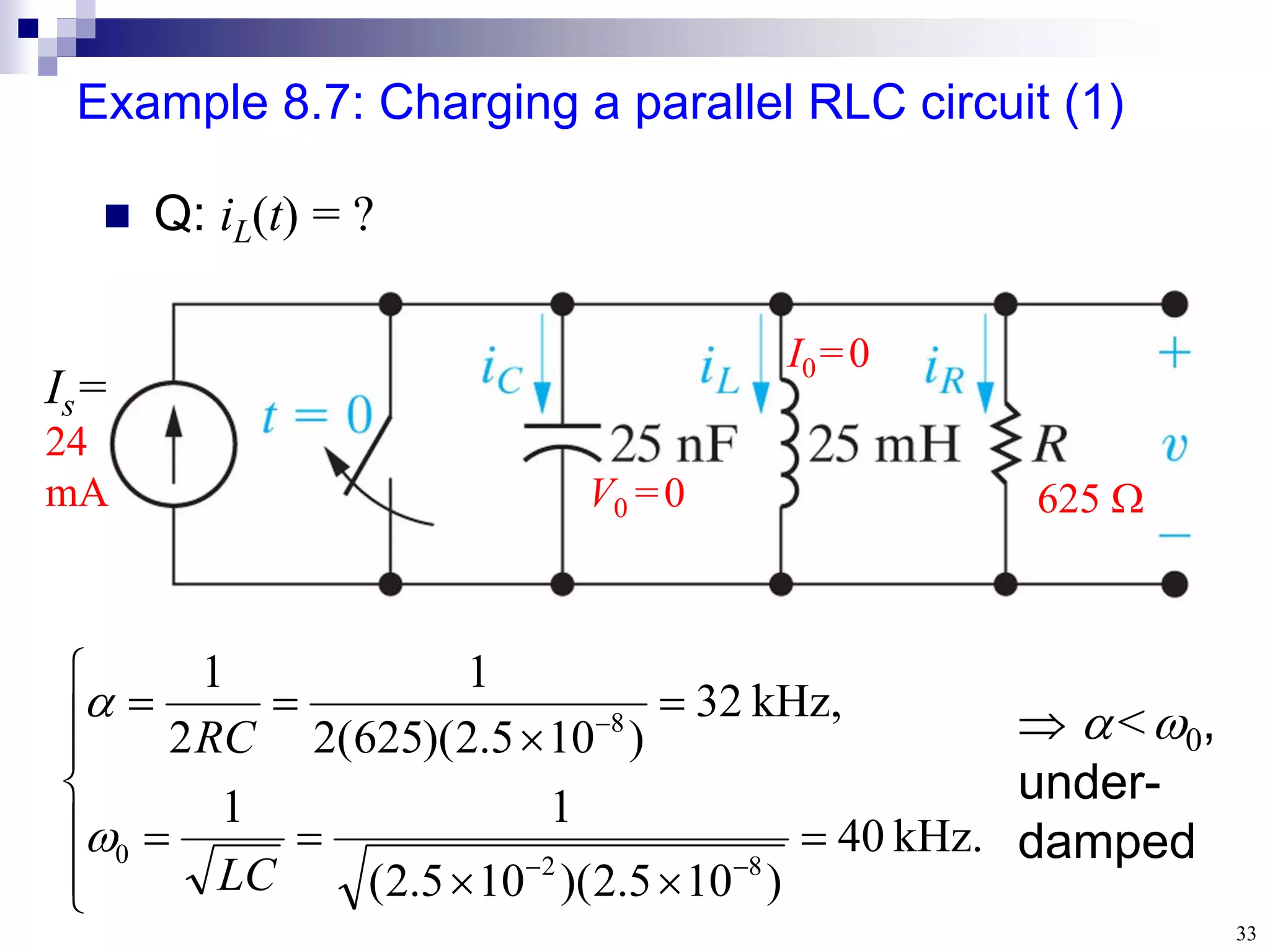33
Example 8.7: Charging a parallel RLC circuit (1)
625 
Is=
24
mA V0 =0
I0=0
 Q: iL(t) = ?



















kHz.
40
)
10
5
.
2
)(
10
5
.
2
(
1
1
,
kHz
32
)
10
5
.
2
)(
625
(
2
1
2
1
8
2
0
8
LC
RC

  <0,
under-
damped
 