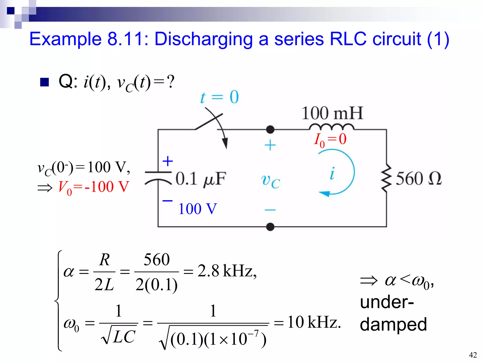 42
Example 8.11: Discharging a series RLC circuit (1)
vC(0-)=100 V,
 V0=-100 V
I0 =0















kHz.
10
)
10
1
)(
1
.
0
(
1
1
,
kHz
8
.
2
)
1
.
0
(
2
560
2
7
0
LC
L
R

  <0,
under-
damped
 Q: i(t), vC(t)=?
+
 100 V
 