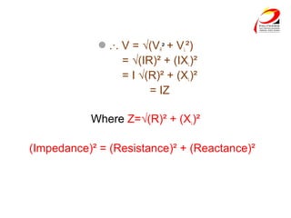 .∙. V = √(VR² + VL²)
= √(IR)² + (IXL)²
= I √(R)² + (XL)²
= IZ
Where Z=√(R)² + (XL)²
(Impedance)² = (Resistance)² + (Reactance)²
 