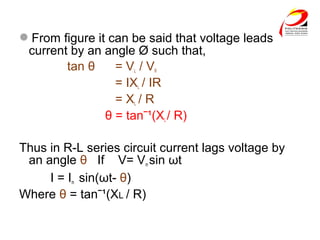 From figure it can be said that voltage leads
current by an angle Ø such that,
tan θ = VL / VR
= IXL / IR
= XL / R
θ = tanˉ¹(XL / R)
Thus in R-L series circuit current lags voltage by
an angle θ If V= Vm sin ωt
I = Im sin(ωt- θ)
Where θ = tanˉ¹(XL / R)
 
