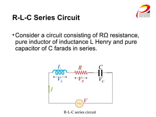 R-L-C Series Circuit
•Consider a circuit consisting of RΩ resistance,
pure inductor of inductance L Henry and pure
capacitor of C farads in series.
I
V
R
RV
L
LV CV
C
R-L-C series circuit
 